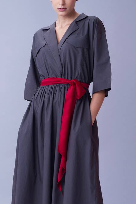 House Of Behram Grey 100% Mercerised Cotton And Italian Satin Plain Colorblock Trench Dress at Aza Fashions House Of Behram_Grey 100% Mercerised Cotton And Italian Satin Plain Colorblock Trench Dress _at_Aza_Fashions