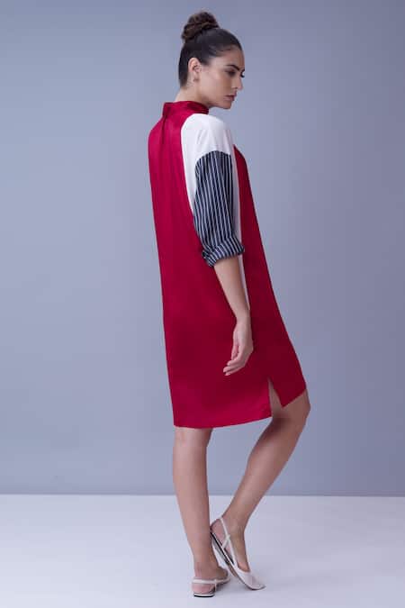 Shop House Of Behram Red Body Italian Satin, Shoulders Moss Crepe, Sleeves 100% Colorblock Dress at Aza Fashions Shop_House Of Behram_Red Body Italian Satin, Shoulders Moss Crepe, Sleeves 100% Colorblock Dress _at_Aza_Fashions