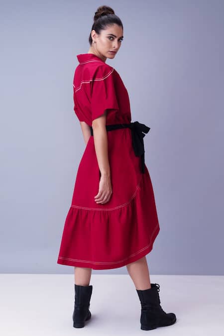 Shop House Of Behram Red 100% Mercerised Cotton And Italian Satin Thread Collared Neck Asymmetric Dress at Aza Fashions Shop_House Of Behram_Red 100% Mercerised Cotton And Italian Satin Thread Collared Neck Asymmetric Dress _at_Aza_Fashions