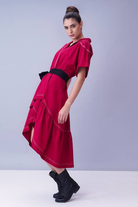 House Of Behram Red 100% Mercerised Cotton And Italian Satin Thread Collared Neck Asymmetric Dress Online at Aza Fashions House Of Behram_Red 100% Mercerised Cotton And Italian Satin Thread Collared Neck Asymmetric Dress _Online_at_Aza_Fashions