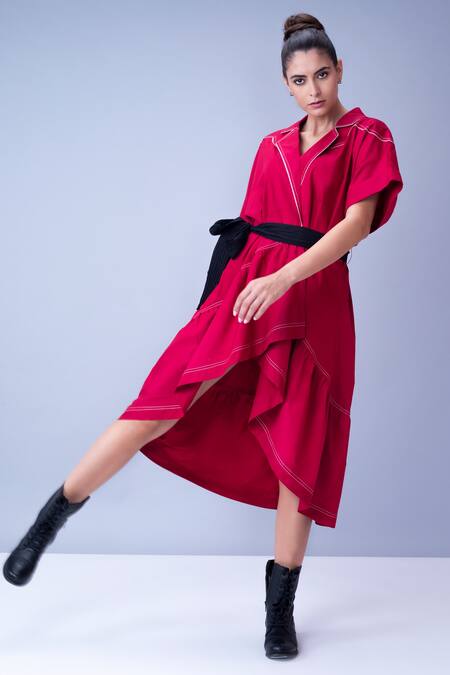 Buy House Of Behram Red 100% Mercerised Cotton And Italian Satin Thread Collared Neck Asymmetric Dress Online at Aza Fashions Buy_House Of Behram_Red 100% Mercerised Cotton And Italian Satin Thread Collared Neck Asymmetric Dress _Online_at_Aza_Fashions