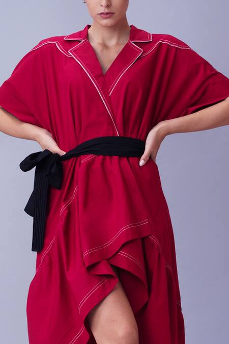 House Of Behram Red 100% Mercerised Cotton And Italian Satin Thread Collared Neck Asymmetric Dress at Aza Fashions House Of Behram_Red 100% Mercerised Cotton And Italian Satin Thread Collared Neck Asymmetric Dress _at_Aza_Fashions