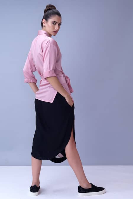 Shop House Of Behram Pink Italian Satin Plain Collared Neck Asymmetric Top at Aza Fashions Shop_House Of Behram_Pink Italian Satin Plain Collared Neck Asymmetric Top _at_Aza_Fashions