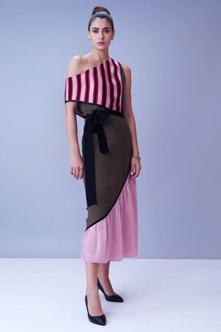 House Of Behram Pink Moss Crepe, Italian Satin Striped Asymmetric One Shoulder Overlay Dress Online at Aza Fashions House Of Behram_Pink Moss Crepe, Italian Satin Striped Asymmetric One Shoulder Overlay Dress _Online_at_Aza_Fashions
