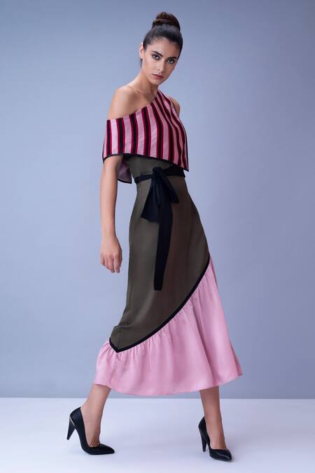 Shop House Of Behram Pink Moss Crepe, Italian Satin Striped Asymmetric One Shoulder Overlay Dress Online at Aza Fashions Shop_House Of Behram_Pink Moss Crepe, Italian Satin Striped Asymmetric One Shoulder Overlay Dress _Online_at_Aza_Fashions