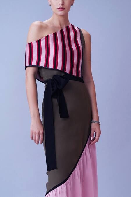 House Of Behram Pink Moss Crepe, Italian Satin Striped Asymmetric One Shoulder Overlay Dress at Aza Fashions House Of Behram_Pink Moss Crepe, Italian Satin Striped Asymmetric One Shoulder Overlay Dress _at_Aza_Fashions
