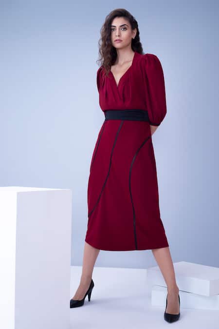 House Of Behram Red Moss Crepe Plain V Neck Pleated Puffed Sleeve Dress Online at Aza Fashions House Of Behram_Red Moss Crepe Plain V Neck Pleated Puffed Sleeve Dress _Online_at_Aza_Fashions