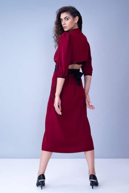 Buy House Of Behram Red Moss Crepe Plain V Neck Pleated Puffed Sleeve Dress Online at Aza Fashions Buy_House Of Behram_Red Moss Crepe Plain V Neck Pleated Puffed Sleeve Dress _Online_at_Aza_Fashions