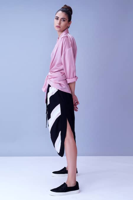 Shop House Of Behram Black Moss Crepe Striped Colorblock Curved Hem Skirt Online at Aza Fashions Shop_House Of Behram_Black Moss Crepe Striped Colorblock Curved Hem Skirt _Online_at_Aza_Fashions