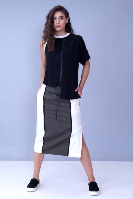House Of Behram Green 100% Mercerised Cotton Plain Colorblock Skirt 