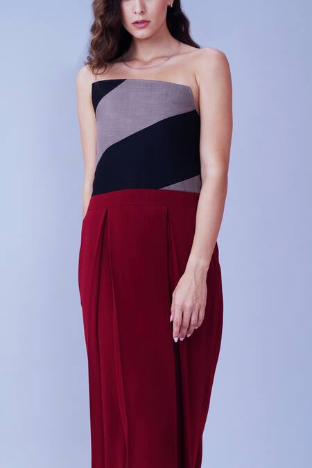 Shop House Of Behram Grey Moss Crepe Plain Bandeau Colorblock Dress Online at Aza Fashions Shop_House Of Behram_Grey Moss Crepe Plain Bandeau Colorblock Dress _Online_at_Aza_Fashions