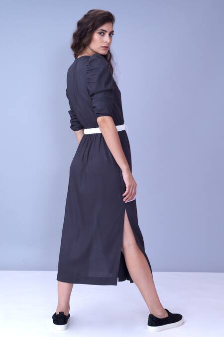Shop House Of Behram Grey Silk And Viscose Blend Plain V Neck Crunched Sleeve Dress at Aza Fashions Shop_House Of Behram_Grey Silk And Viscose Blend Plain V Neck Crunched Sleeve Dress _at_Aza_Fashions