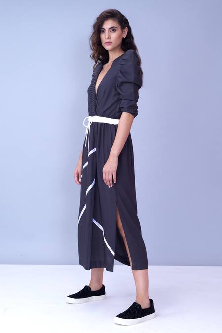 House Of Behram Grey Silk And Viscose Blend Plain V Neck Crunched Sleeve Dress Online at Aza Fashions House Of Behram_Grey Silk And Viscose Blend Plain V Neck Crunched Sleeve Dress _Online_at_Aza_Fashions