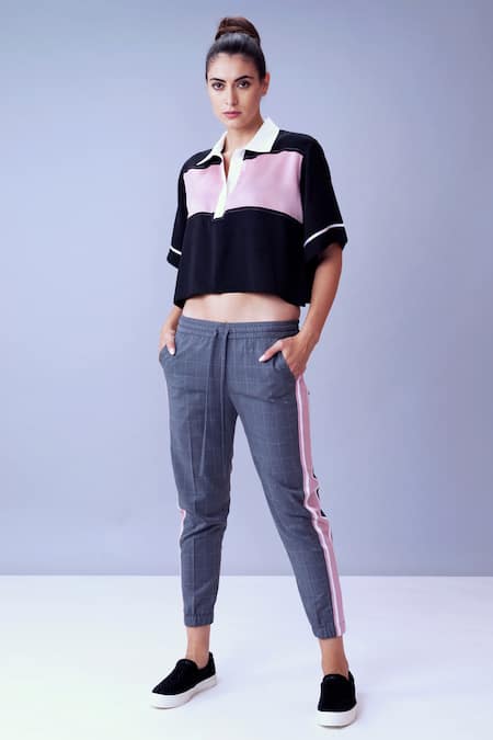 House Of Behram Grey Body  Trouser Fabric, Side Striper Detail  Satin Checkered 