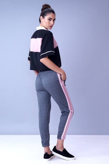 Shop House Of Behram Grey Body Trouser Fabric, Side Striper Detail Satin Checkered at Aza Fashions Shop_House Of Behram_Grey Body Trouser Fabric, Side Striper Detail Satin Checkered _at_Aza_Fashions