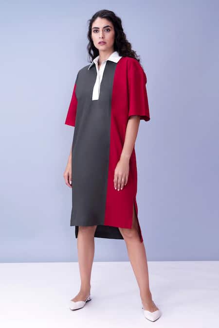 House Of Behram Red 100% Mercerised Cotton Plain Shirt Collar Colorblock Dress 