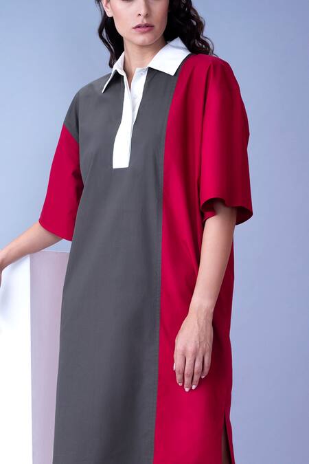 Shop House Of Behram Red 100% Mercerised Cotton Plain Shirt Collar Colorblock Dress Online at Aza Fashions Shop_House Of Behram_Red 100% Mercerised Cotton Plain Shirt Collar Colorblock Dress _Online_at_Aza_Fashions
