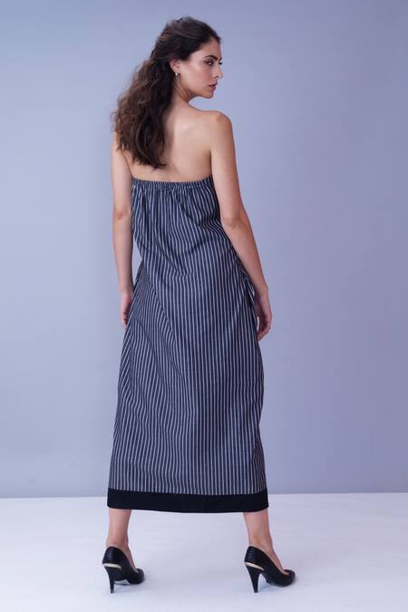 Shop House Of Behram Grey 100% Mercerised Cotton Striped Asymmetric Overlay Dress at Aza Fashions Shop_House Of Behram_Grey 100% Mercerised Cotton Striped Asymmetric Overlay Dress _at_Aza_Fashions