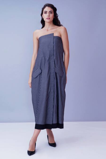 House Of Behram Grey 100% Mercerised Cotton Striped Asymmetric Overlay Dress Online at Aza Fashions House Of Behram_Grey 100% Mercerised Cotton Striped Asymmetric Overlay Dress _Online_at_Aza_Fashions