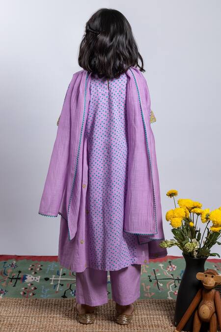 Shop BOTEH Purple Cotton, Chanderi Silk Embroidery, Lace Gathered Kurta Set at Aza Fashions Shop_BOTEH_Purple Cotton, Chanderi Silk Embroidery, Lace Gathered Kurta Set _at_Aza_Fashions