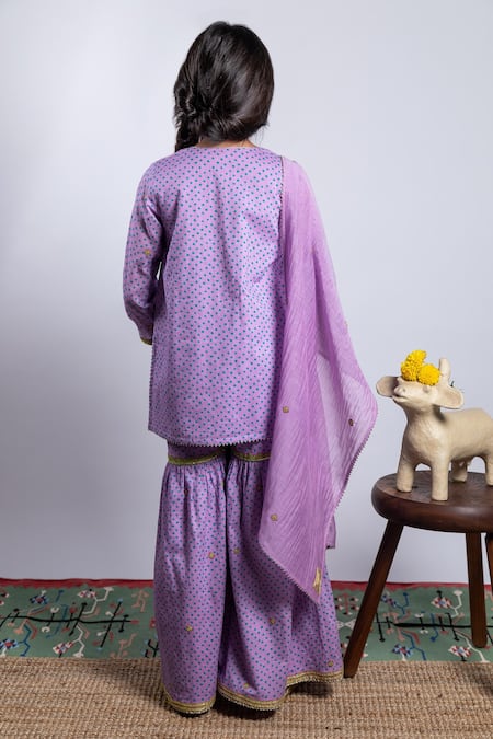 Shop BOTEH Purple Cotton, Chanderi Silk Embroidery Bandhani Print Kurta Sharara Set at Aza Fashions Shop_BOTEH_Purple Cotton, Chanderi Silk Embroidery Bandhani Print Kurta Sharara Set _at_Aza_Fashions