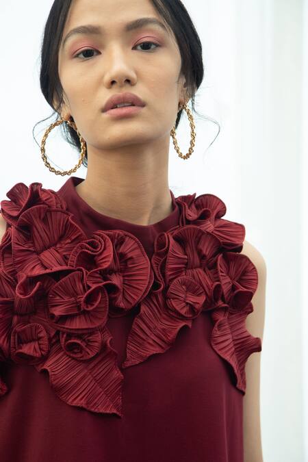 Buy_Pleats By Aruni_Maroon Jersey With Pleats Floral Round Dress_Online_at_Aza_Fashions