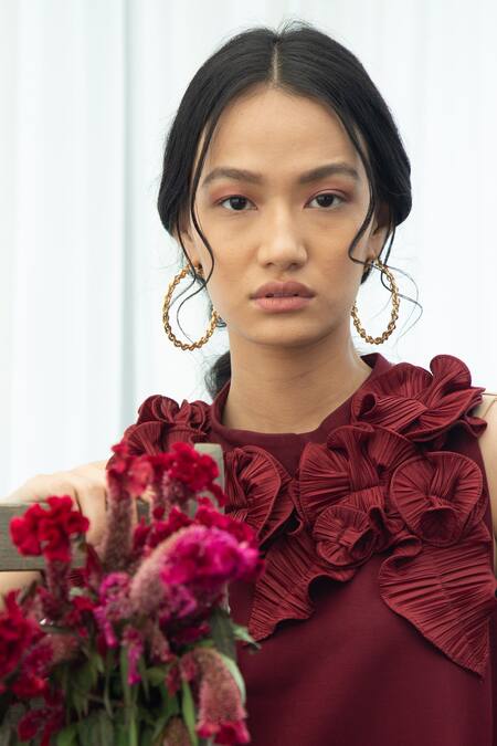 Shop_Pleats By Aruni_Maroon Jersey With Pleats Floral Round Dress_Online_at_Aza_Fashions