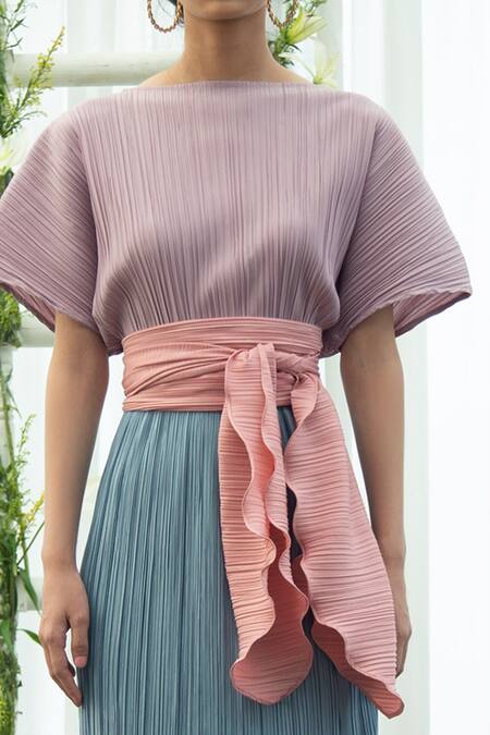 Pleats By Aruni_Pink Pleats Plain Round Colorblock Dress_Online_at_Aza_Fashions