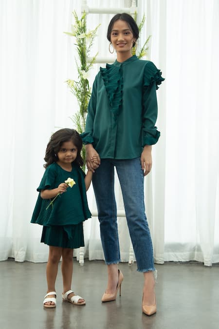Shop_Pleats by Aruni_Green Pleats Plain Top And Pant Set _at_Aza_Fashions