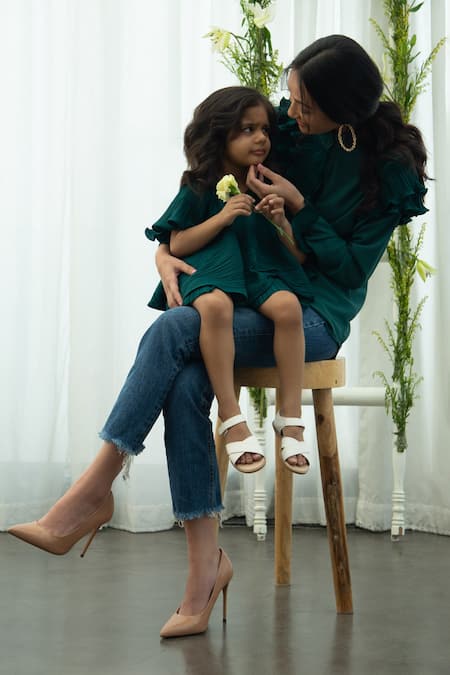 Buy_Pleats by Aruni_Green Pleats Plain Top And Pant Set _Online_at_Aza_Fashions