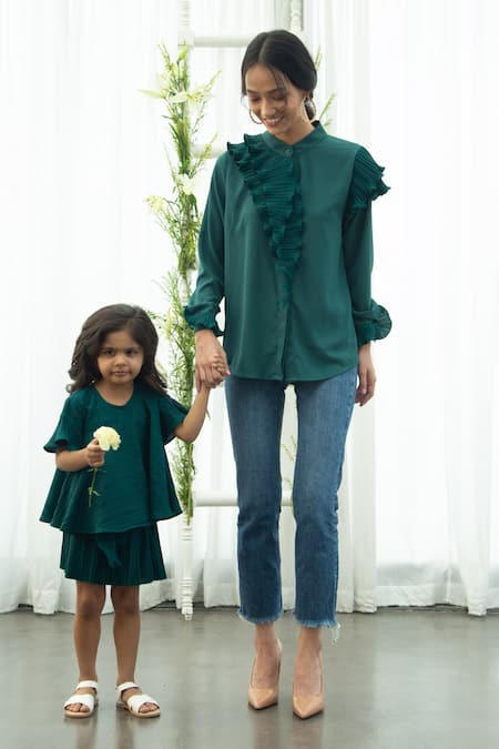 Pleats by Aruni_Green Pleats Plain Top And Pant Set _at_Aza_Fashions