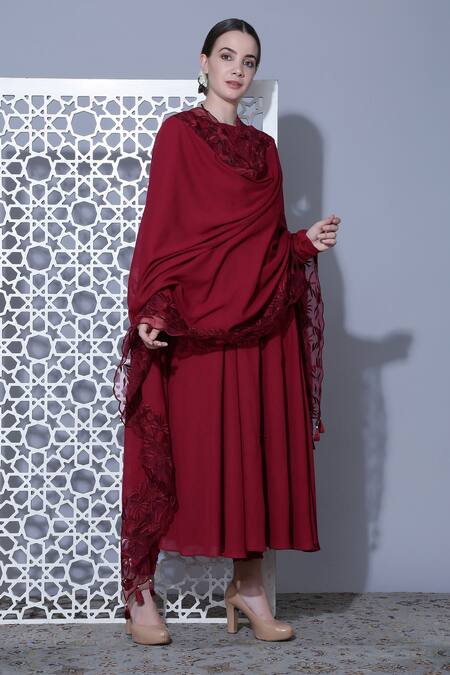 Mehak Talreja Couturre_Maroon Cotton Voile Thread Work High Neck Floral Embroidered Anarkali Set _Online_at_Aza_Fashions