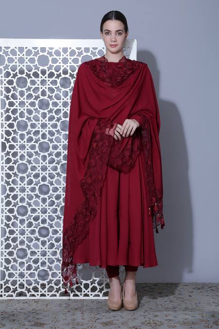 Buy_Mehak Talreja Couturre_Maroon Cotton Voile Thread Work High Neck Floral Embroidered Anarkali Set _Online_at_Aza_Fashions