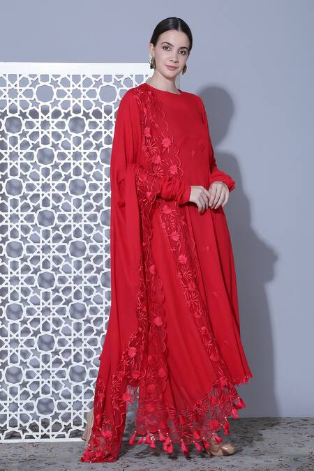 Mehak Talreja Couturre_Red Cotton Voile Thread Work High Neck Floral Embroidered Anarkali Set_Online_at_Aza_Fashions