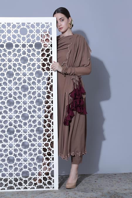 Mehak Talreja Couturre_Brown Cotton Voile Thread Work Round Embroidered Hem Anarkali Set _Online_at_Aza_Fashions