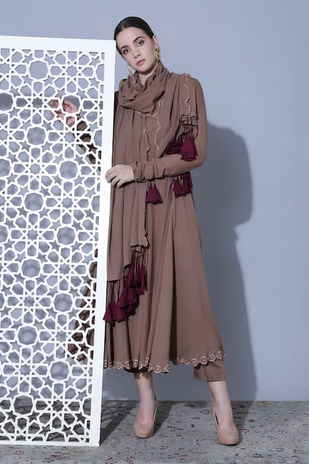 Buy_Mehak Talreja Couturre_Brown Cotton Voile Thread Work Round Embroidered Hem Anarkali Set _Online_at_Aza_Fashions