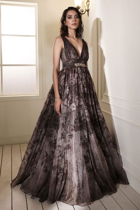 Cedar & Pine Brown Organza Printed Floral V Neck Sepia Gown  