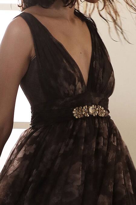Cedar & Pine_Brown Organza Floral, Text V Neck Sepia Print Gown _Online_at_Aza_Fashions