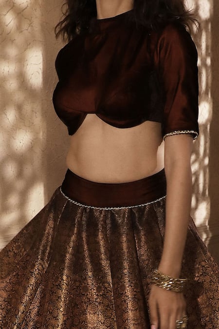 Cedar & Pine_Brown Velvet, Dupion Floral Round Print Lehenga Set_Online_at_Aza_Fashions