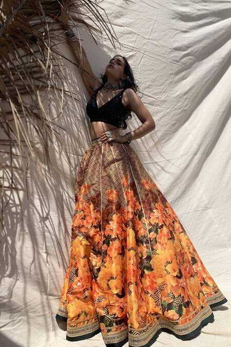 Shop Adorning Black And Orange Net Designer Lehenga Choli Online - Lehenga