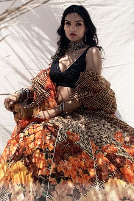 Cedar & Pine Orange Organza, Georgette, Dupion Floral, Geometric V Neck Printed Lehenga Set Online at Aza Fashions Cedar & Pine_Orange Organza, Georgette, Dupion Floral, Geometric V Neck Printed Lehenga Set _Online_at_Aza_Fashions