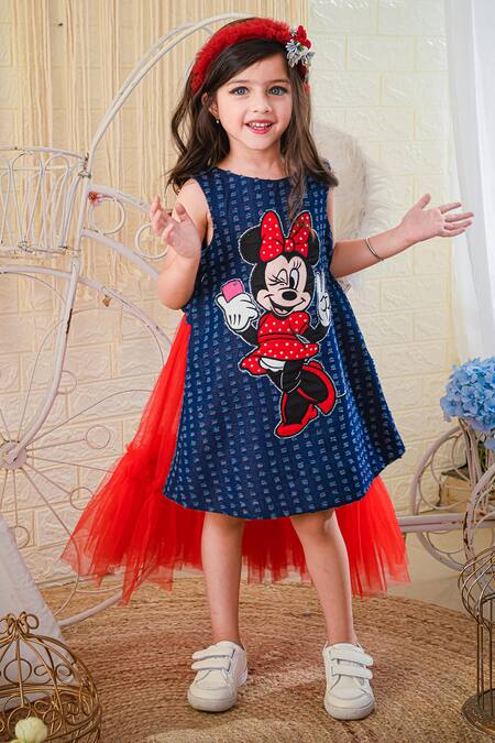 Hoity Moppet_Blue Denim, Cotton, Tulle, Satin Embroidery Minnie Dress _Online_at_Aza_Fashions