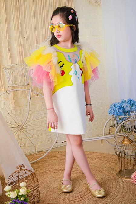 Hoity Moppet_Yellow Tulle, Crepe, Satin Embroidery Shift Dress _Online_at_Aza_Fashions