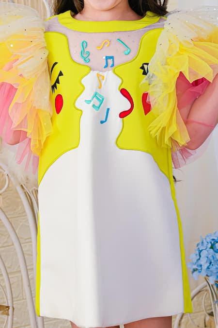 Shop_Hoity Moppet_Yellow Tulle, Crepe, Satin Embroidery Shift Dress _Online_at_Aza_Fashions