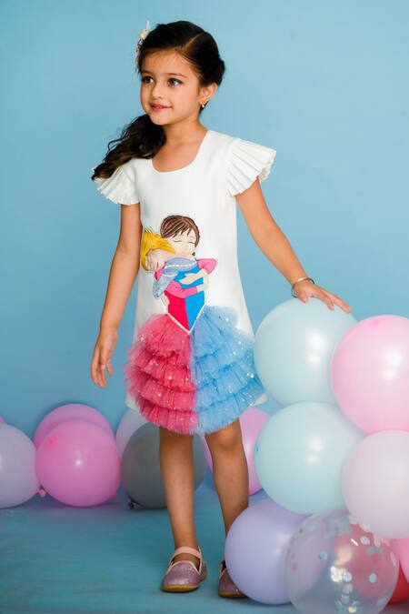 Hoity Moppet_White Crepe, Satin Fringe, Embroidery Shift Dress _at_Aza_Fashions