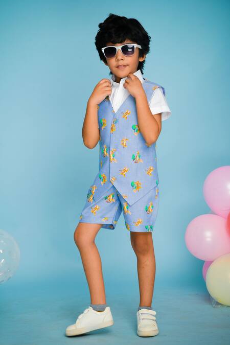 Hoity Moppet Blue Cotton Printed Waistcoat And Shorts Set Online at Aza Fashions Hoity Moppet_Blue Cotton Printed Waistcoat And Shorts Set _Online_at_Aza_Fashions