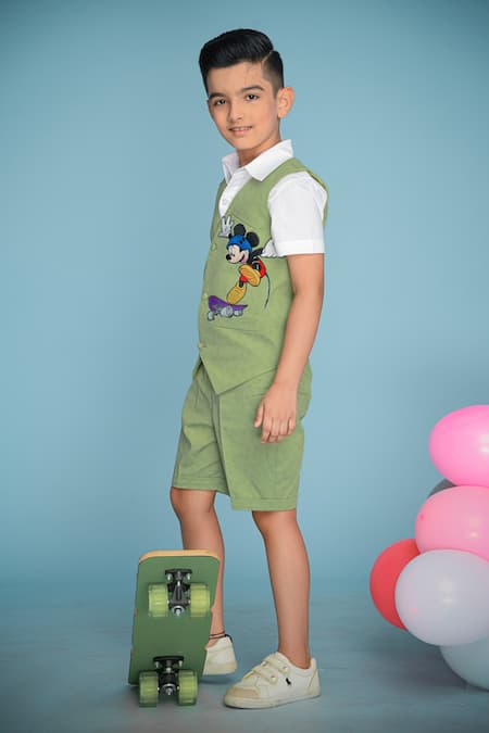 Shop Hoity Moppet Green Cotton Embroidery Shorts Set at Aza Fashions Shop_Hoity Moppet_Green Cotton Embroidery Shorts Set _at_Aza_Fashions