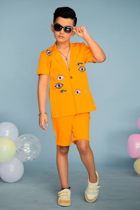 Shop_Hoity Moppet_Orange Cotton Embroidery Shirt And Shorts Set _Online_at_Aza_Fashions
