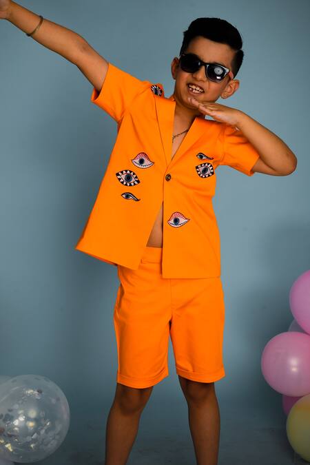 Hoity Moppet_Orange Cotton Embroidery Shirt And Shorts Set _at_Aza_Fashions