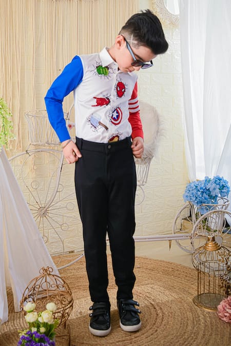 Shop Hoity Moppet White Cotton Embroidery Avengers Color Block Shirt at Aza Fashions Shop_Hoity Moppet_White Cotton Embroidery Avengers Color Block Shirt _at_Aza_Fashions